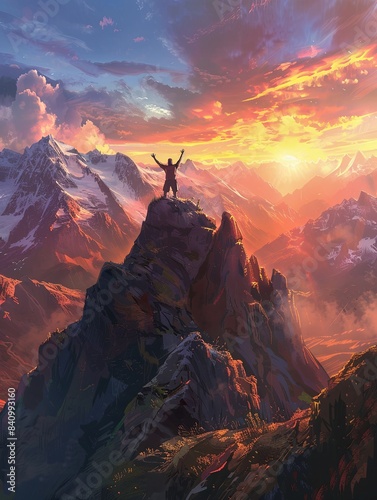 A lone figure stands triumphant on a mountain peak, arms raised in victory, silhouetted against a breathtaking sunset over a vast mountain range. Generative AI © Анатолий Савицкий