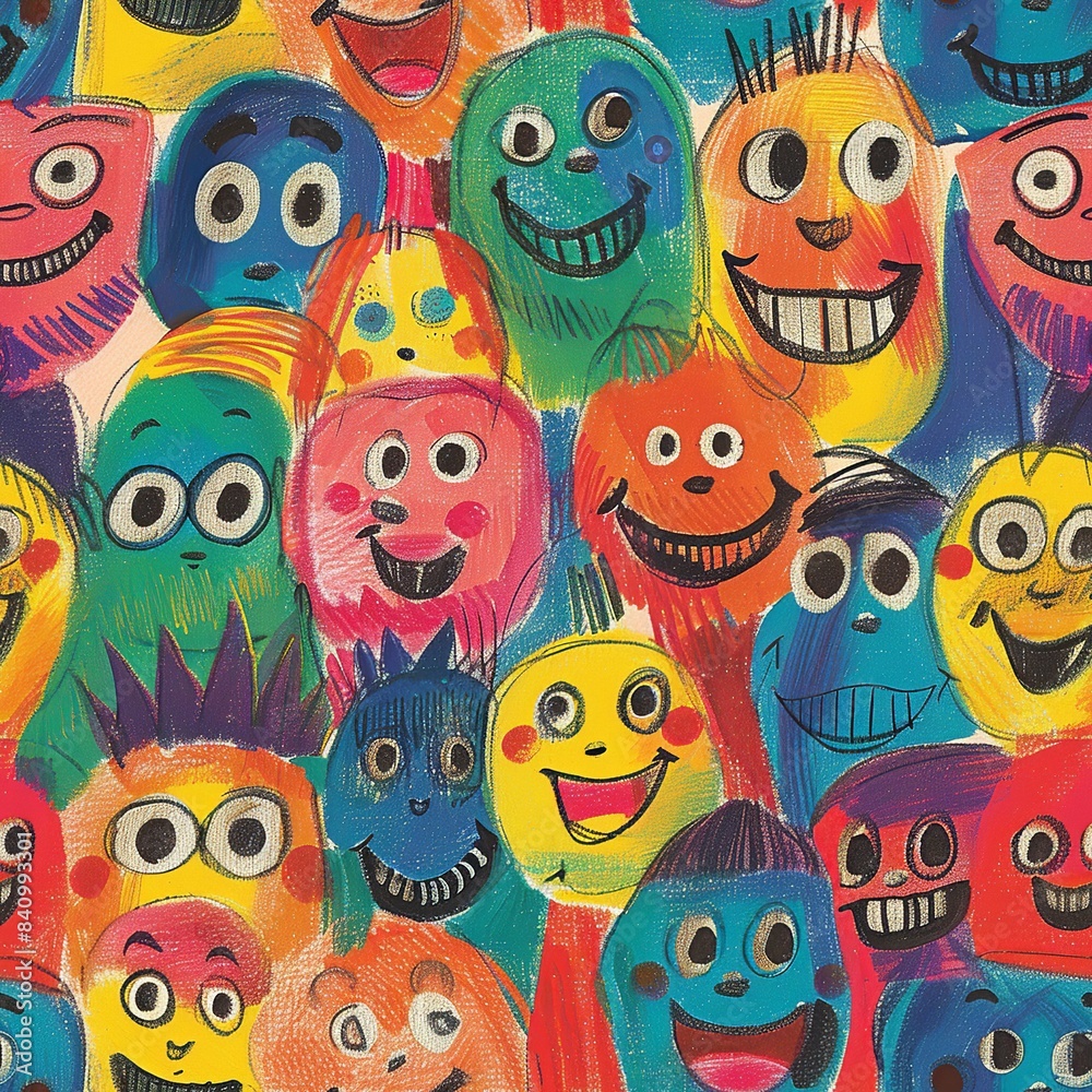 A heartwarming drawing of a group of happy people, their faces adorned with big, joyful smiles and expressive eyes, created with the colorful and whimsical style of a young child's crayon art. A heartwarming drawing of a group of happy people, their faces adorned with big, joyful smiles and expressive eyes, created with the colorful and whimsical style of a young child's crayon art.