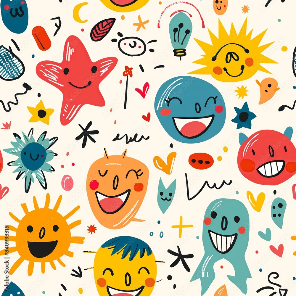 A heartwarming drawing of smiling faces, each one unique and full of happiness, surrounded by playful shapes and bright colors, reflecting the innocent creativity of a kindergartener. Minimal pattern