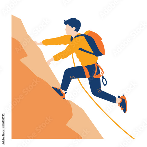 Young male mountaineer climbing steep slope, equipped backpack rope. Athletic climber ascending rock formation, wearing orange blue outdoor gear. Adventure, extreme sports concept, rock climbing
