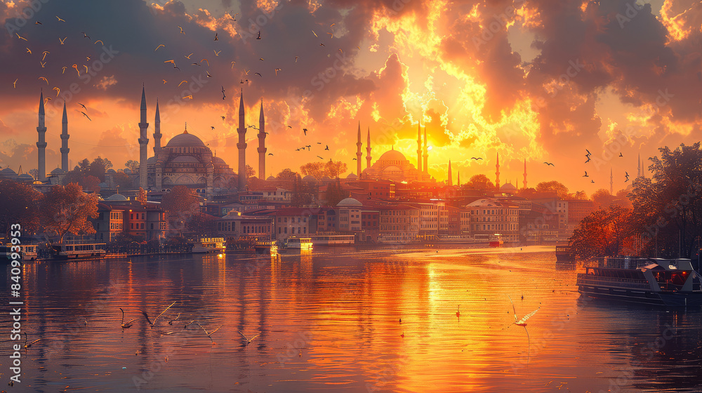 Naklejka premium typical istanbul scene with moschee and bospurus background created with Generative AI technology
