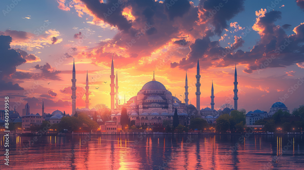 Obraz premium typical istanbul scene with moschee and bospurus background created with Generative AI technology