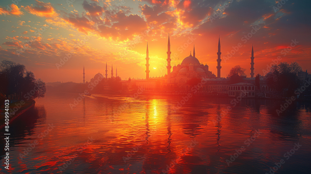 Naklejka premium typical istanbul scene with moschee and bospurus background created with Generative AI technology
