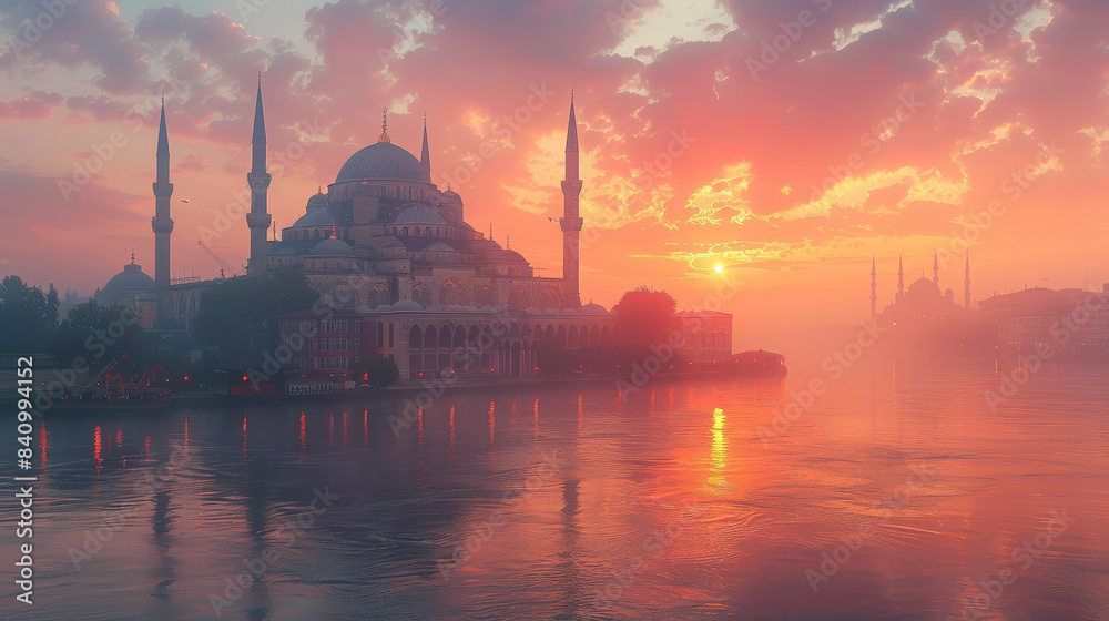 Naklejka premium typical istanbul scene with moschee and bospurus background created with Generative AI technology