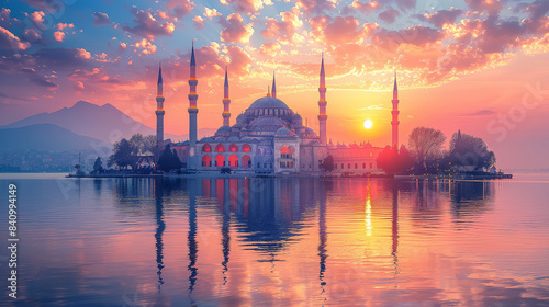 typical istanbul scene with moschee and bospurus background created with Generative AI technology photo