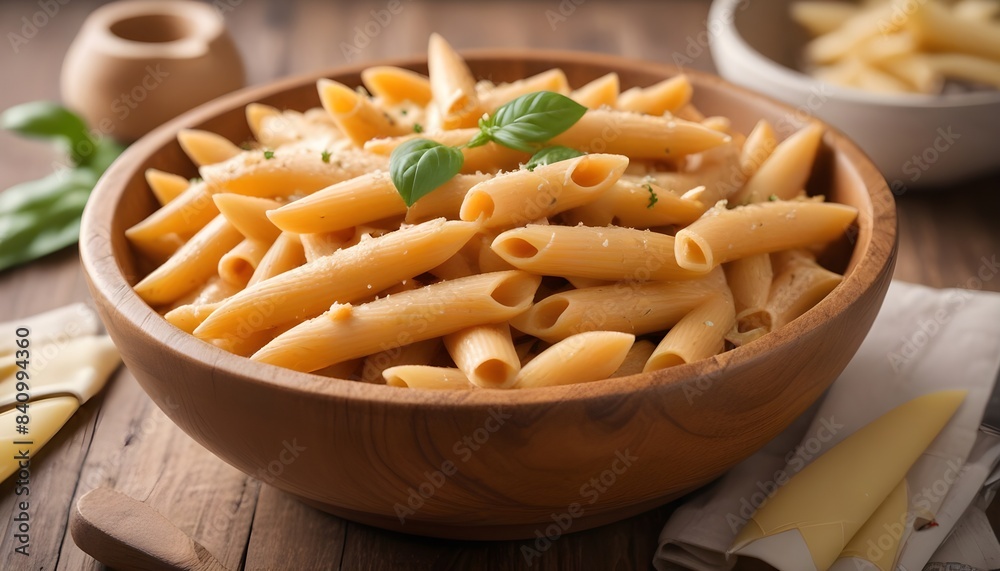 Cooked penne in a wooden bowl , close-up view