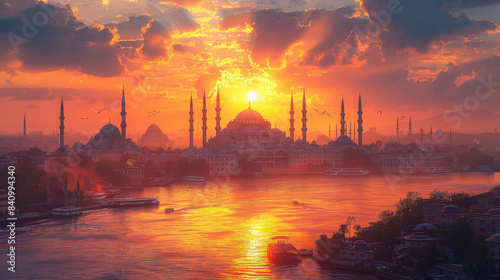 typical istanbul scene with moschee and bospurus background created with Generative AI technology photo