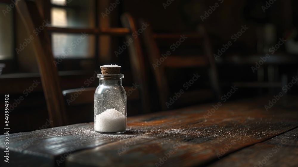 Salt in glass container positioned on a dimly lit tabletop Salt in glass container positioned on a dimly lit tabletop