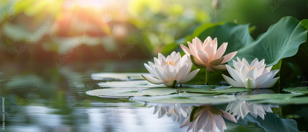 A serene pond scene with water lilies and lotus flowers in full bloom, their delicate petals floating on the water's surface. flat design, minimalistic shapes with space for text A serene pond scene with water lilies and lotus flowers in full bloom, their delicate petals floating on the water's surface. flat design, minimalistic shapes with space for text