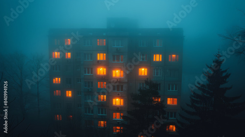 lonely building with a lot of dark windows getting lost in thick blue-ish fog and mist  night created with Generative AI technology