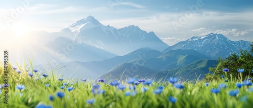 A serene alpine meadow dotted with bright blue gentian flowers, framed by the backdrop of towering snow-capped mountains. flat design, minimalistic shapes with space for text photo