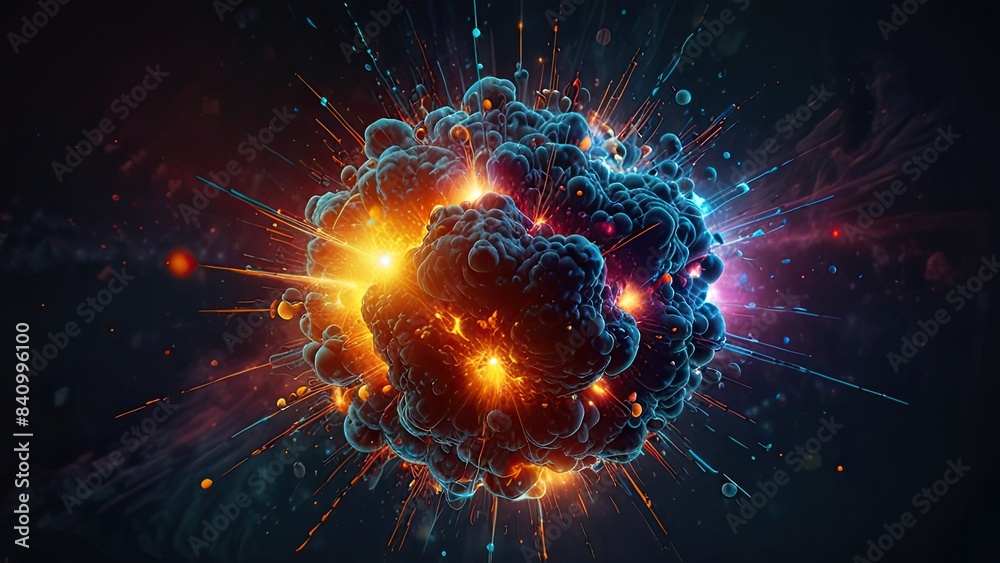 highly stylized and colorful representation of a subatomic particle. It appears to be an artistic interpretation of an atom or a virus-like structure highly stylized and colorful representation of a subatomic particle. It appears to be an artistic interpretation of an atom or a virus-like structure