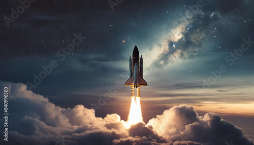 Fototapeta Naklejka Na Ścianę i Meble -  silhouette of a space shuttle or missile launches through dark clouds, symbolizing power, ambition, and technological breakthrough against a dramatic sky, encapsulating a sense of determination and pr