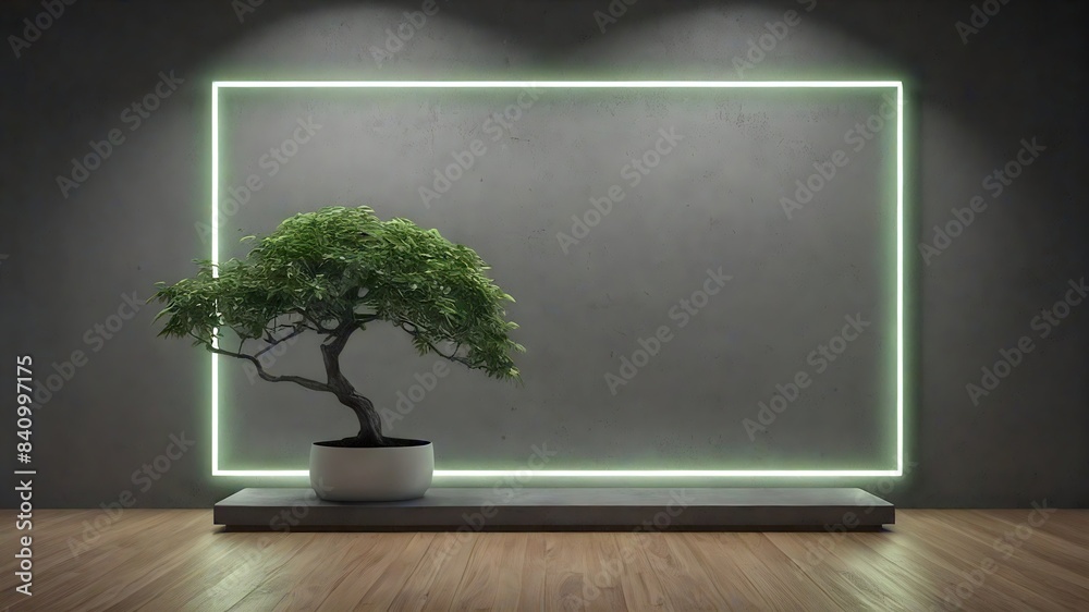 Fototapeta premium luxury concrete wall,blank border frame, minimal tree, neon light
