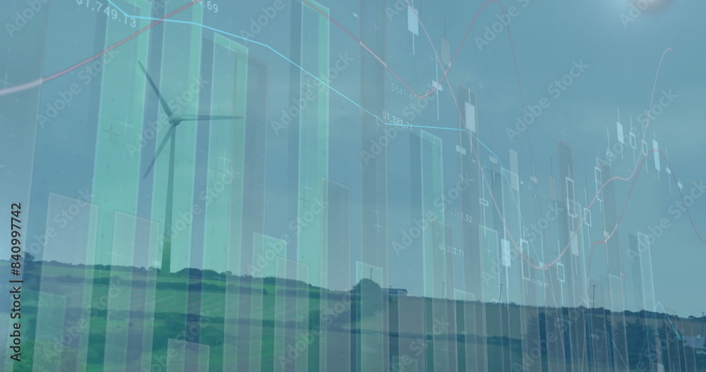 Image of statistics and data processing over wind turbines in countryside landscape Image of statistics and data processing over wind turbines in countryside landscape