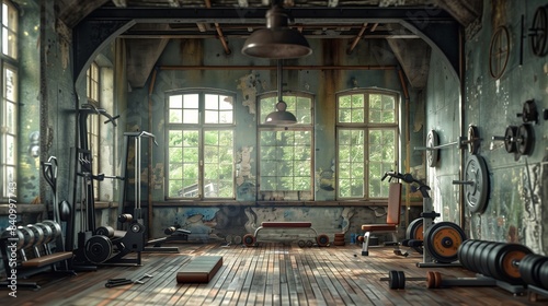 Old gym interior with equipment