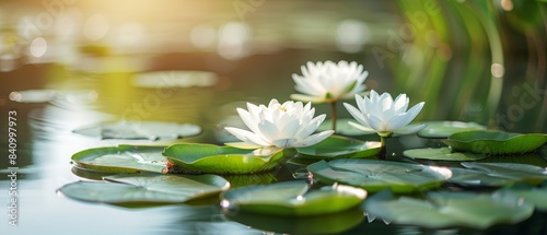 A serene pond surrounded by blooming water lilies  their delicate white petals floating on the calm water s surface. flat design  minimalistic shapes with space for text