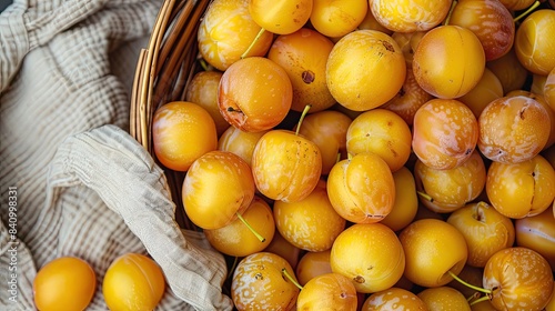Mirabelle plums are small, sweet, yellow fruits often used in preserves and desserts.   photo