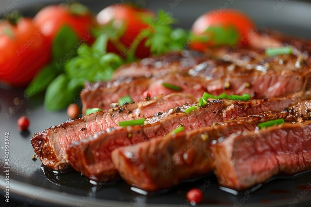 Sliced tasty steak on plate, closeup - generative ai Sliced tasty steak on plate, closeup - generative ai