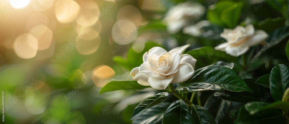 A fresh, vibrant display of gardenia flowers, their creamy white petals and glossy green leaves creating a harmonious scene. flat design, minimalistic shapes with space for text A fresh, vibrant display of gardenia flowers, their creamy white petals and glossy green leaves creating a harmonious scene. flat design, minimalistic shapes with space for text