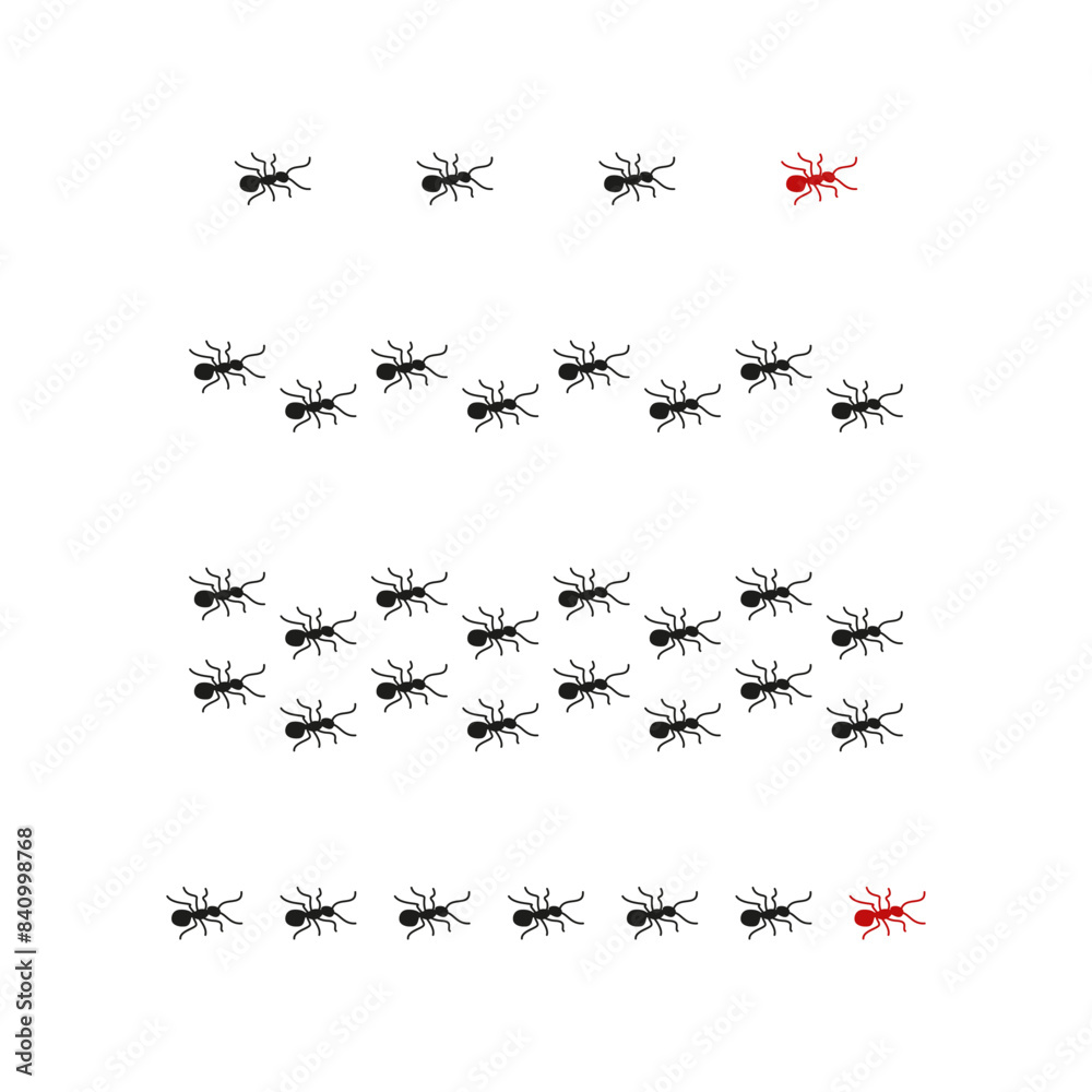 Ant icons set. Black ants with red accent. Minimalist design. Vector illustration.