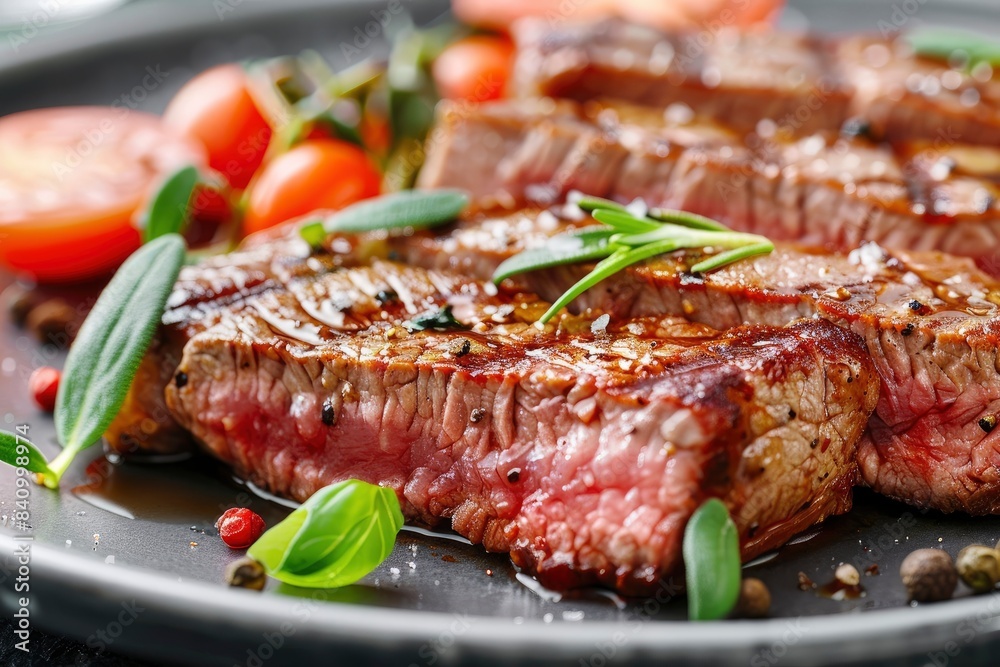 Sliced tasty steak on plate, closeup - generative ai Sliced tasty steak on plate, closeup - generative ai