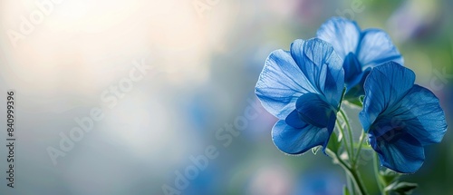 A stunning close-up of a butterfly pea flower, its vibrant blue petals and unique shape captured in exquisite detail. flat design, minimalistic shapes with space for text photo