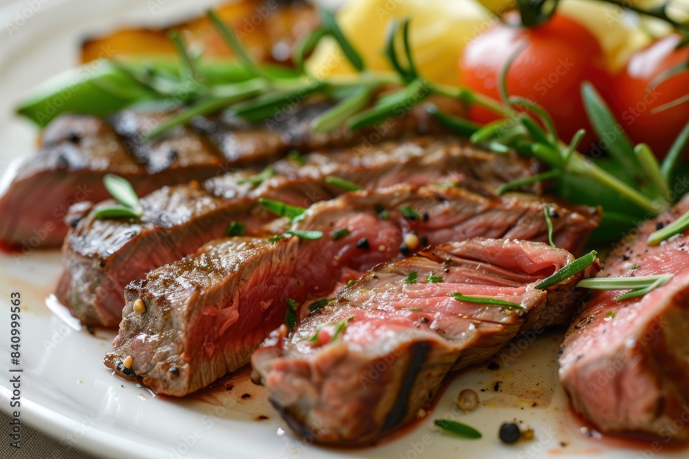 Sliced tasty steak on plate, closeup - generative ai Sliced tasty steak on plate, closeup - generative ai