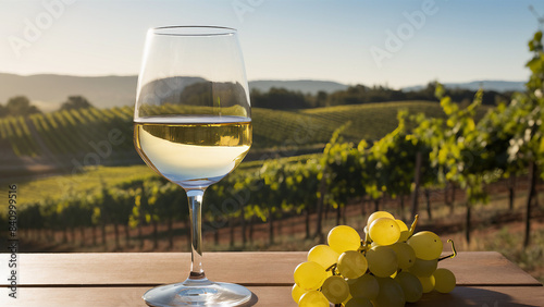 White Wine in a Glass with a Sunny Vineyard Background. Concept Wine Tasting  Vineyard Landscape  Glassware Photography  Wine Lover s Delight  Wine Country Views