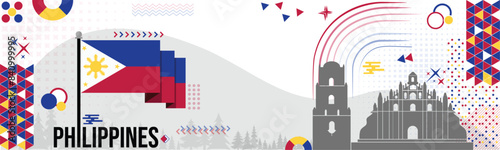 Philippines national day banner design. Filipino flag  theme with Intramuros in background. Abstract geometric retro shapes of red yellow blue color. Travel Vector Illustration.