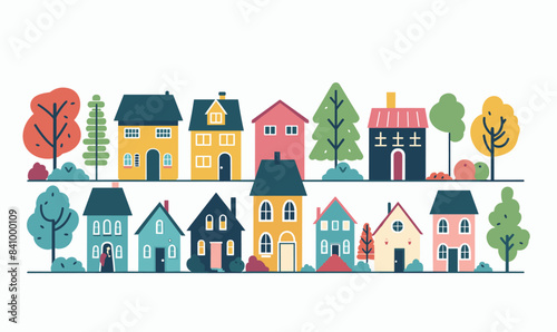 Colorful neighborhood row diverse houses trees, residential community, calm suburb. Cartoon style suburban street, homes variety, peaceful living environment, trees shrubs landscape. Urban scene