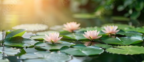 A serene pond adorned with blooming sacred lotus flowers  their large pink petals and lush green leaves floating gracefully. flat design  minimalistic shapes with space for text