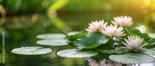 A serene pond adorned with blooming sacred lotus flowers  their large pink petals and lush green leaves floating gracefully. flat design  minimalistic shapes with space for text