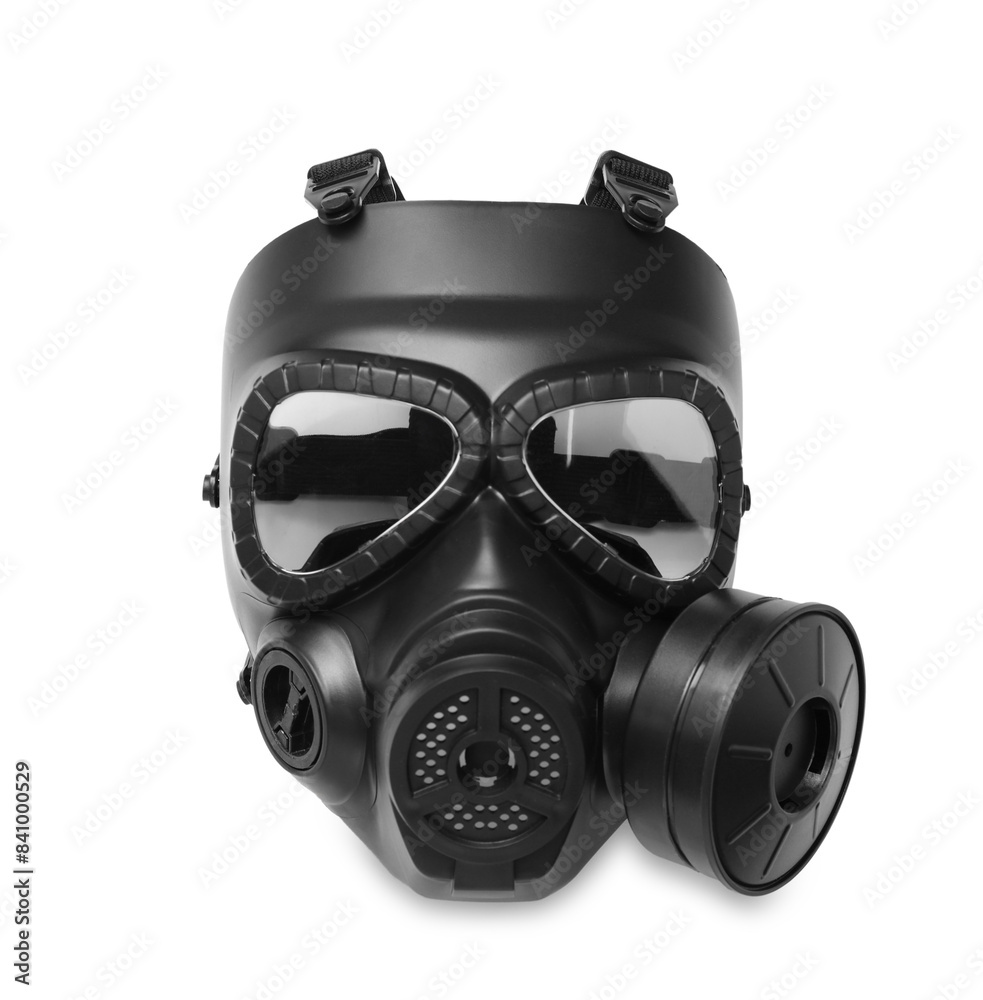 One gas mask on white background. Safety equipment One gas mask on white background. Safety equipment