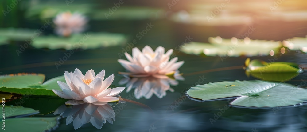 A serene water garden with lotus flowers in various stages of bloom, their large pink and white petals floating on calm water. flat design, minimalistic shapes with space for text A serene water garden with lotus flowers in various stages of bloom, their large pink and white petals floating on calm water. flat design, minimalistic shapes with space for text