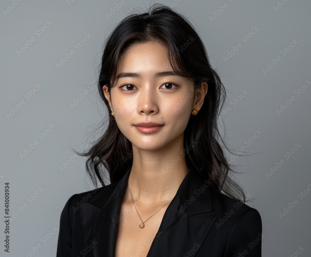 Fototapeta premium A woman with long dark hair wearing a black blazer, gold earrings, and a necklace poses against a neutral gray background creating a professional studio portrait