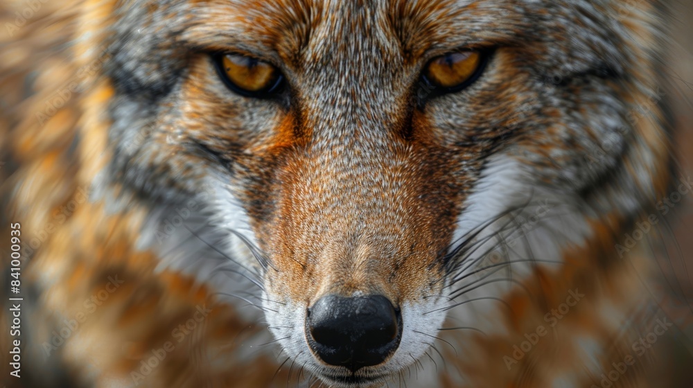 Fototapeta premium Stunning close-up of a wild animal's face showcasing its intense yellow eyes and detailed fur, captured in high resolution to highlight its natural beauty and fierce expression