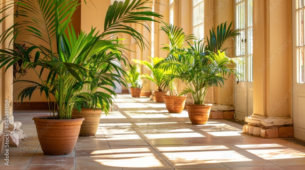 A series of potted tropical plants lined up on a bright, sunlit indoor patio A series of potted tropical plants lined up on a bright, sunlit indoor patio