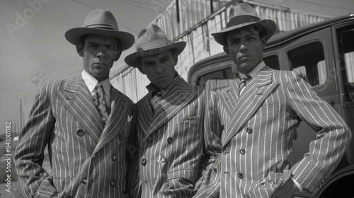 Wallpaper Mural A vintage black and white photograph depicts three men in pinstripe suits and fedora hats, exuding a classic 1940s gangster style beside an antique car Torontodigital.ca
