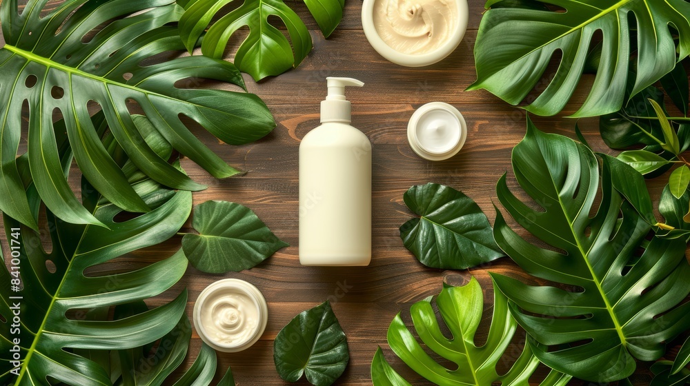 A top-view of a white lotion pump bottle, surrounded by various small containers of cream and lush green Monstera leaves on a wooden surface, highlighting natural and vibrant skincare themes A top-view of a white lotion pump bottle, surrounded by various small containers of cream and lush green Monstera leaves on a wooden surface, highlighting natural and vibrant skincare themes