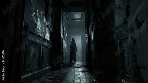 A silhouette of a ghost appearing at the end of a dark  deserted hallway