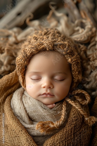 An endearing photograph of a peacefully sleeping baby  wrapped warmly in cozy knitted attire  emphasizing an aura of warmth  comfort  and purity