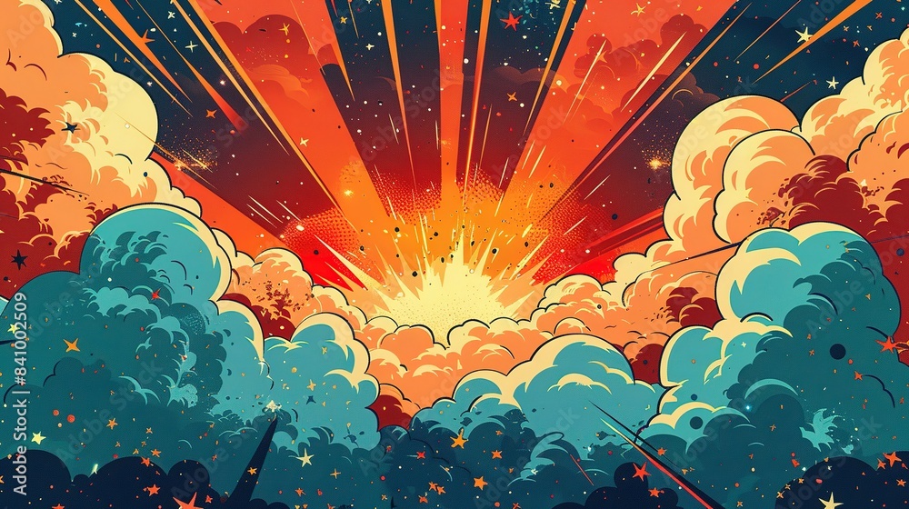 Obraz premium Celestial Blast: Comic-Inspired Stars with Smoke Background