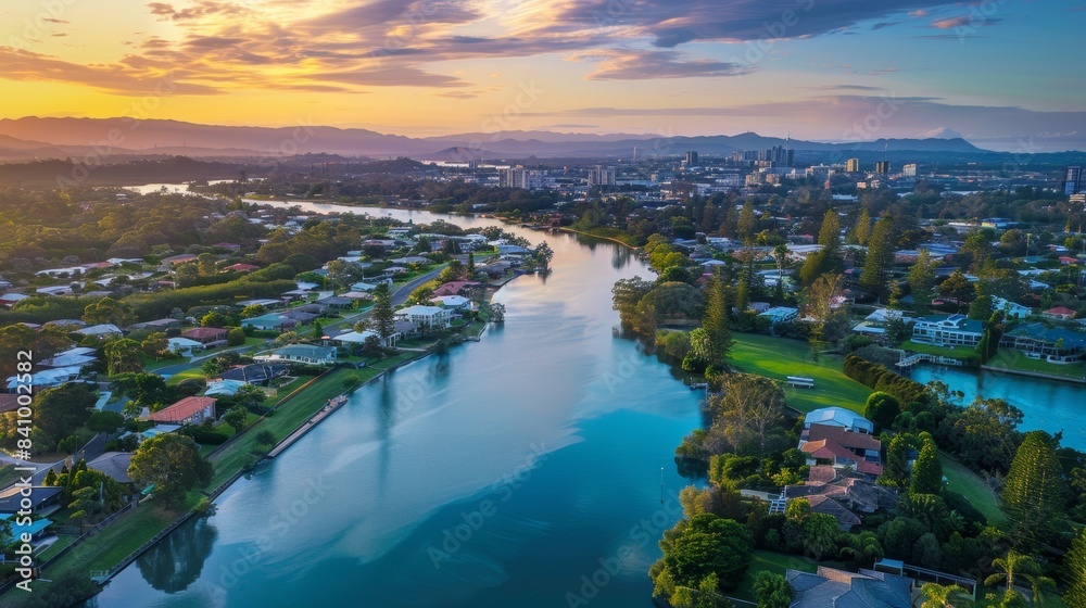 Fototapeta premium Aerial view of picturesque suburban riverfront neighborhood at sunset with city skyline and mountain range in the background, framed by vibrant sky and calm waters