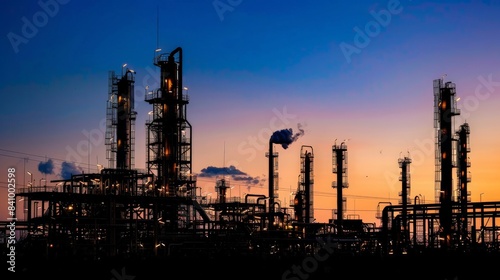 A silhouette of an expansive oil refinery at dusk, with intricate piping and storage tanks against a deep blue sky