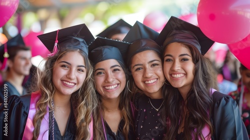A graduation party with congratulatory banners, caps and gowns, a photo booth with props, and guests celebrating the achievements of the graduates