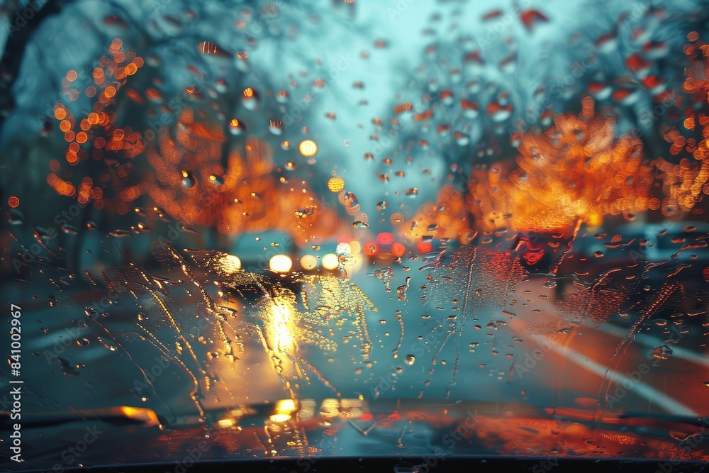 A captivating image view through a rain-streaked car window during an evening drive highlighting vibrant city lights and blurred reflections on a wet street A captivating image view through a rain-streaked car window during an evening drive highlighting vibrant city lights and blurred reflections on a wet street