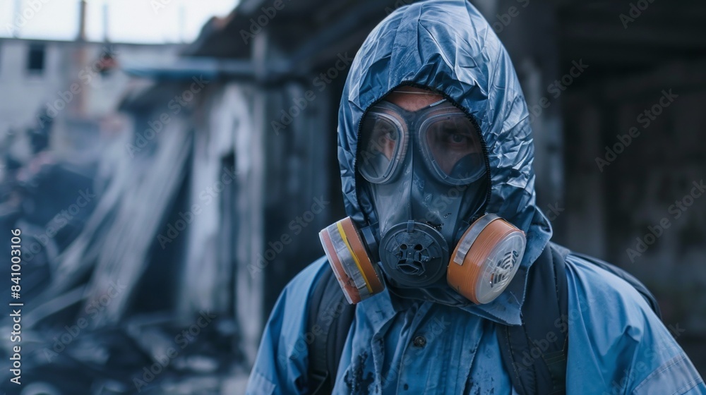 A man in a hazmat suit is standing in front of a building A man in a hazmat suit is standing in front of a building