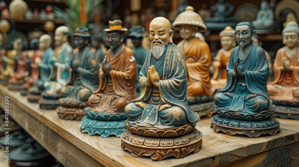Artfully crafted statues of monks in vibrant colors and intricate detailing, displayed on a wooden shelf in a spiritual or cultural setting Artfully crafted statues of monks in vibrant colors and intricate detailing, displayed on a wooden shelf in a spiritual or cultural setting