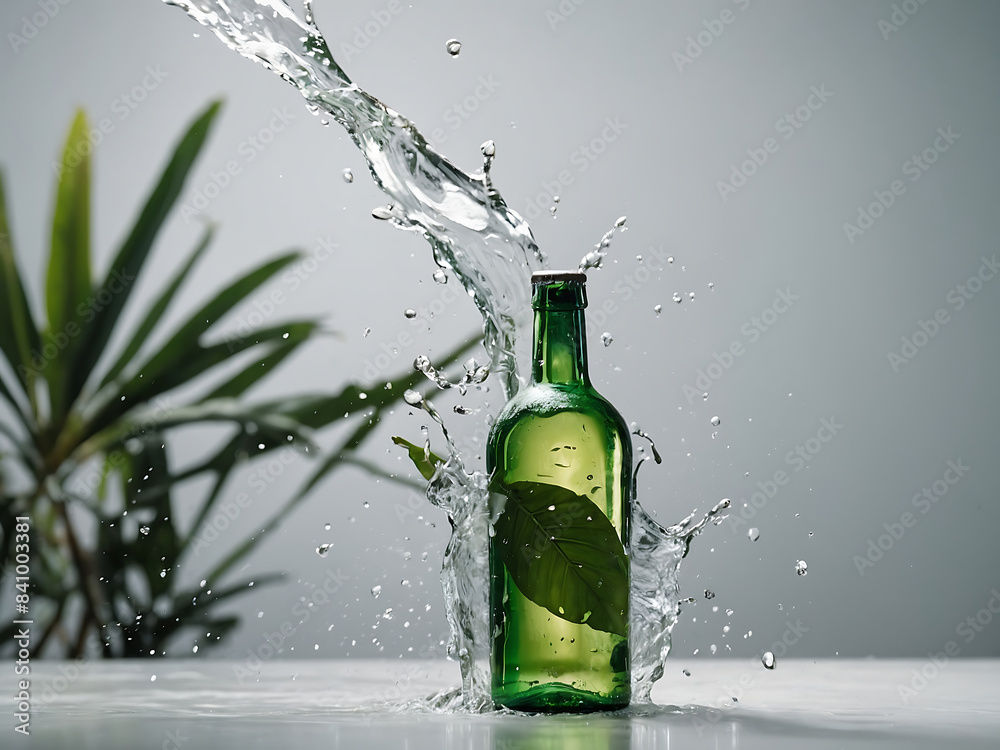 Cosmetic bottle made from transparent glass, splashes with water and leaves on mid air. Beauty product advertisement concept. Cosmetic bottle made from transparent glass, splashes with water and leaves on mid air. Beauty product advertisement concept.
